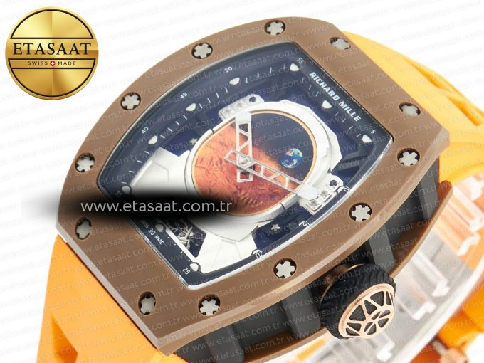 RM052-05 Brown Ceramic Bezel Carbon Case YSF Best Edition Skeleton Dial on Orange Rubber Strap Tourbillon - Görsel 6