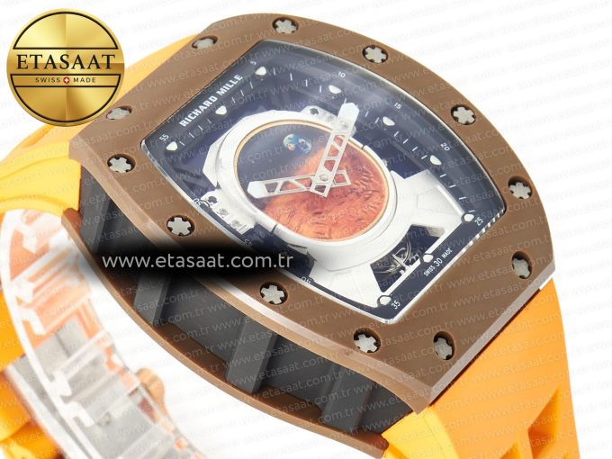 RM052-05 Brown Ceramic Bezel Carbon Case YSF Best Edition Skeleton Dial on Orange Rubber Strap Tourbillon - Görsel 7