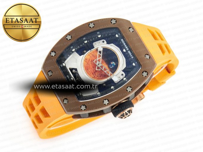 RM052-05 Brown Ceramic Bezel Carbon Case YSF Best Edition Skeleton Dial on Orange Rubber Strap Tourbillon - Görsel 8