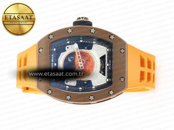 RM052-05 Brown Ceramic Bezel Carbon Case YSF Best Edition Skeleton Dial on Orange Rubber Strap Tourbillon - Görsel 9