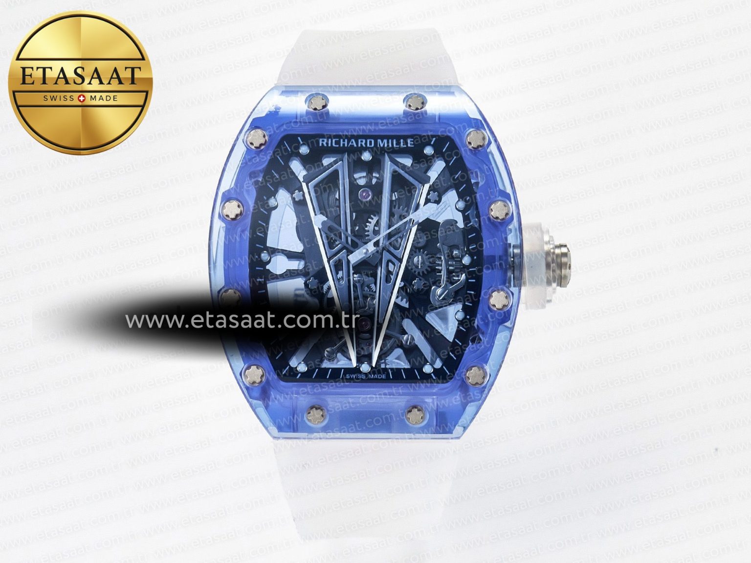 RM27-03 Blue Transparent Tourbillon MSF Best Edition Skull Dial on White Rubber Strap - Görsel 3