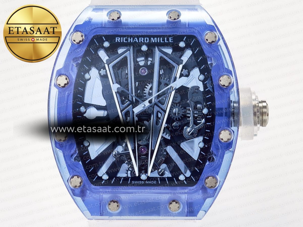 RM27-03 Blue Transparent Tourbillon MSF Best Edition Skull Dial on White Rubber Strap - Görsel 4