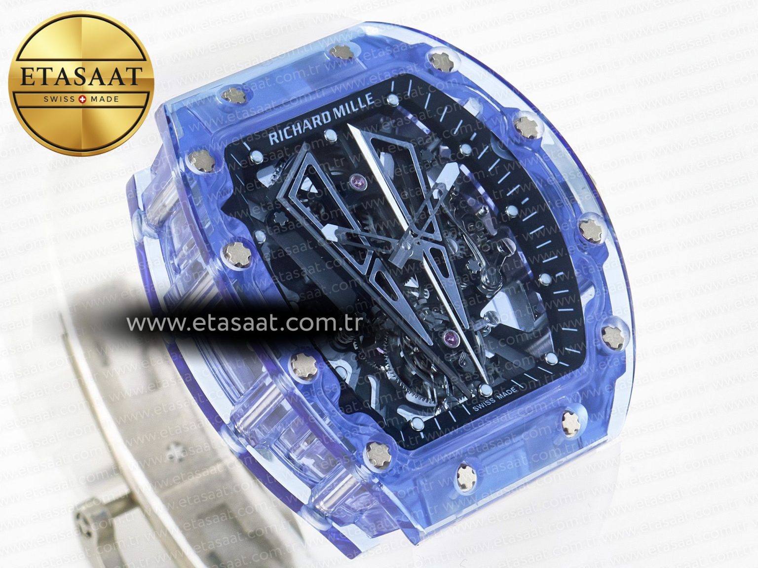 RM27-03 Blue Transparent Tourbillon MSF Best Edition Skull Dial on White Rubber Strap - Görsel 5