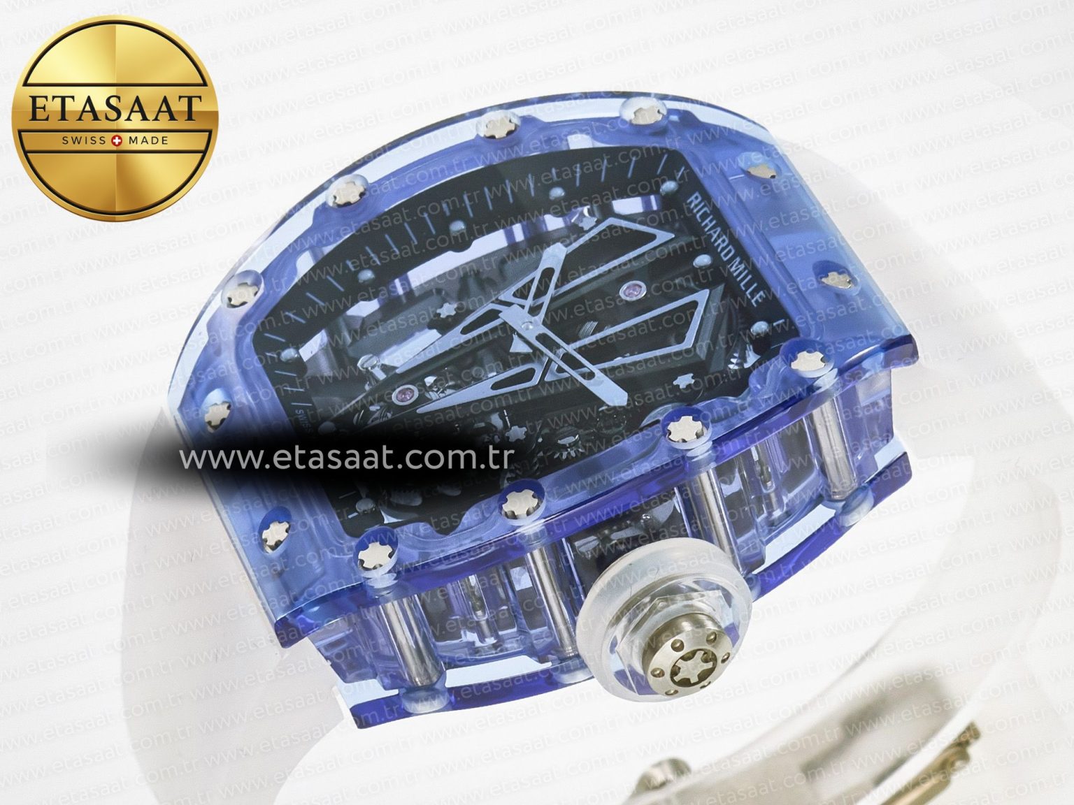 RM27-03 Blue Transparent Tourbillon MSF Best Edition Skull Dial on White Rubber Strap - Görsel 6