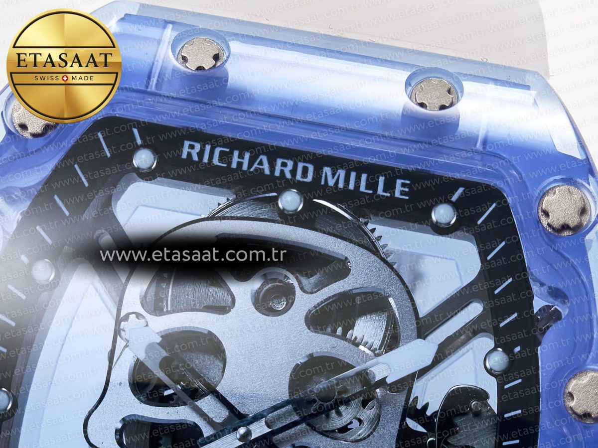 RM52-01 Blue Transparent Tourbillon MSF Best Edition Skull Dial on White Rubber Strap - Görsel 10