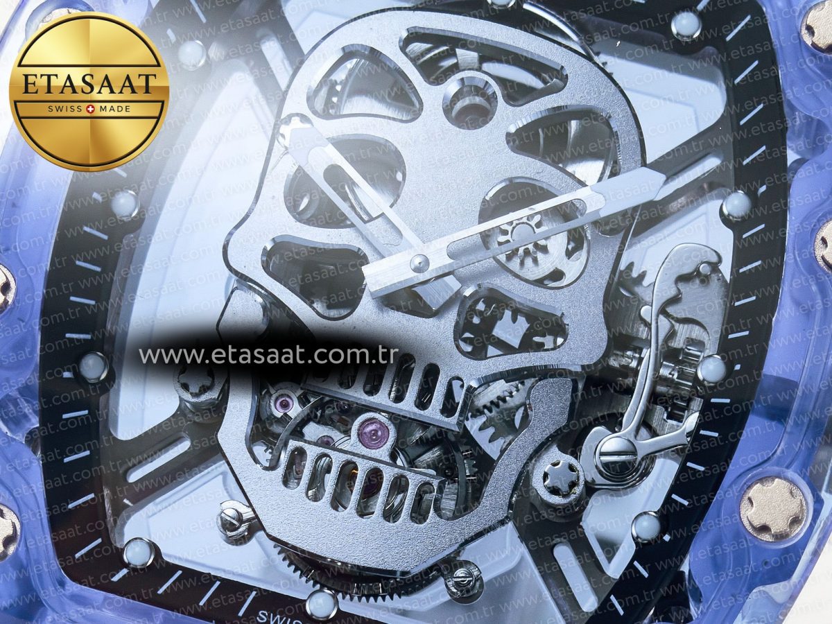 RM52-01 Blue Transparent Tourbillon MSF Best Edition Skull Dial on White Rubber Strap - Görsel 11