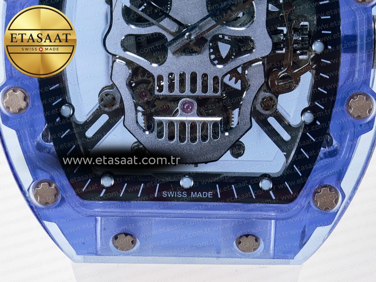 RM52-01 Blue Transparent Tourbillon MSF Best Edition Skull Dial on White Rubber Strap - Görsel 12