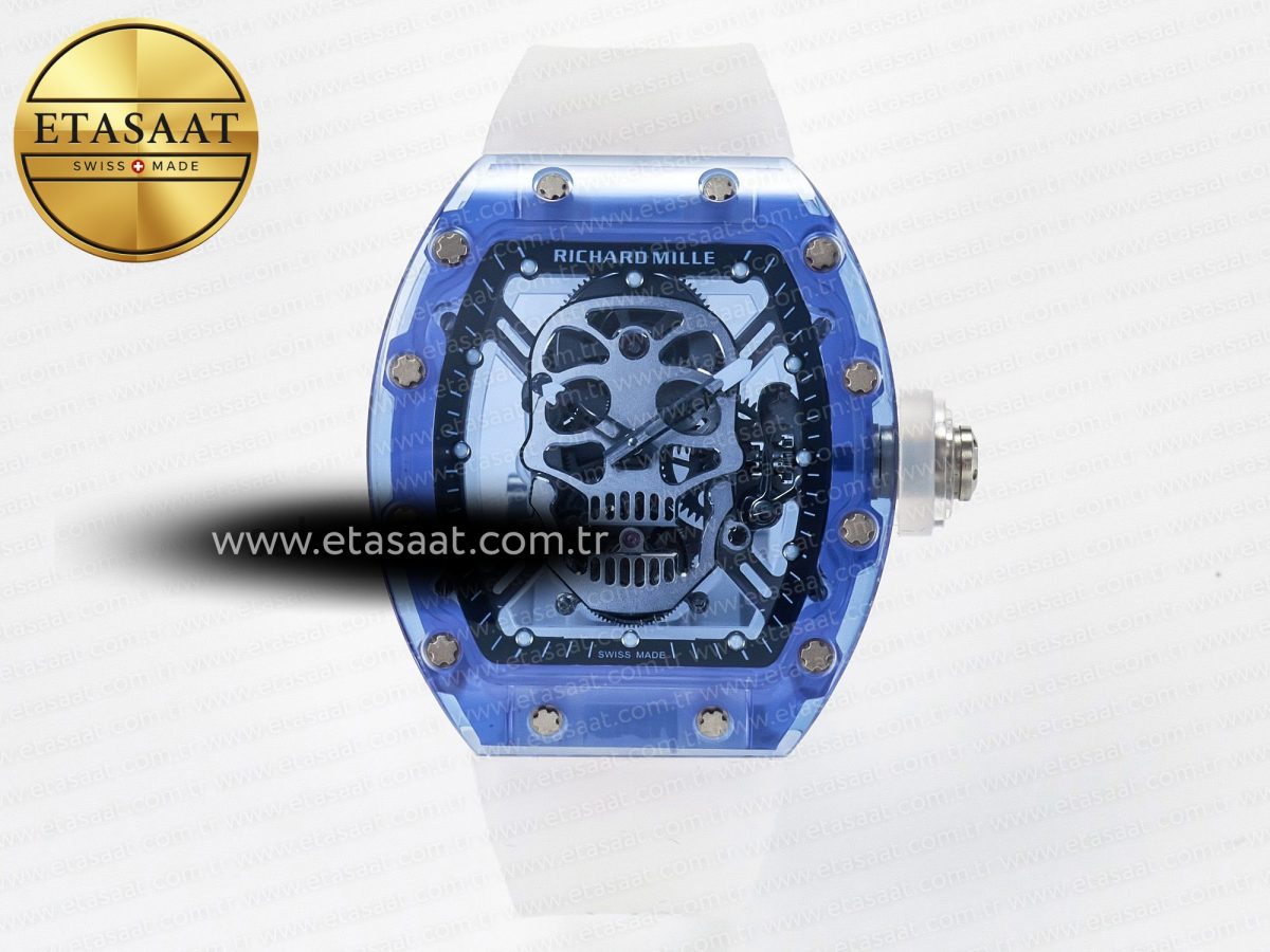 RM52-01 Blue Transparent Tourbillon MSF Best Edition Skull Dial on White Rubber Strap - Görsel 3