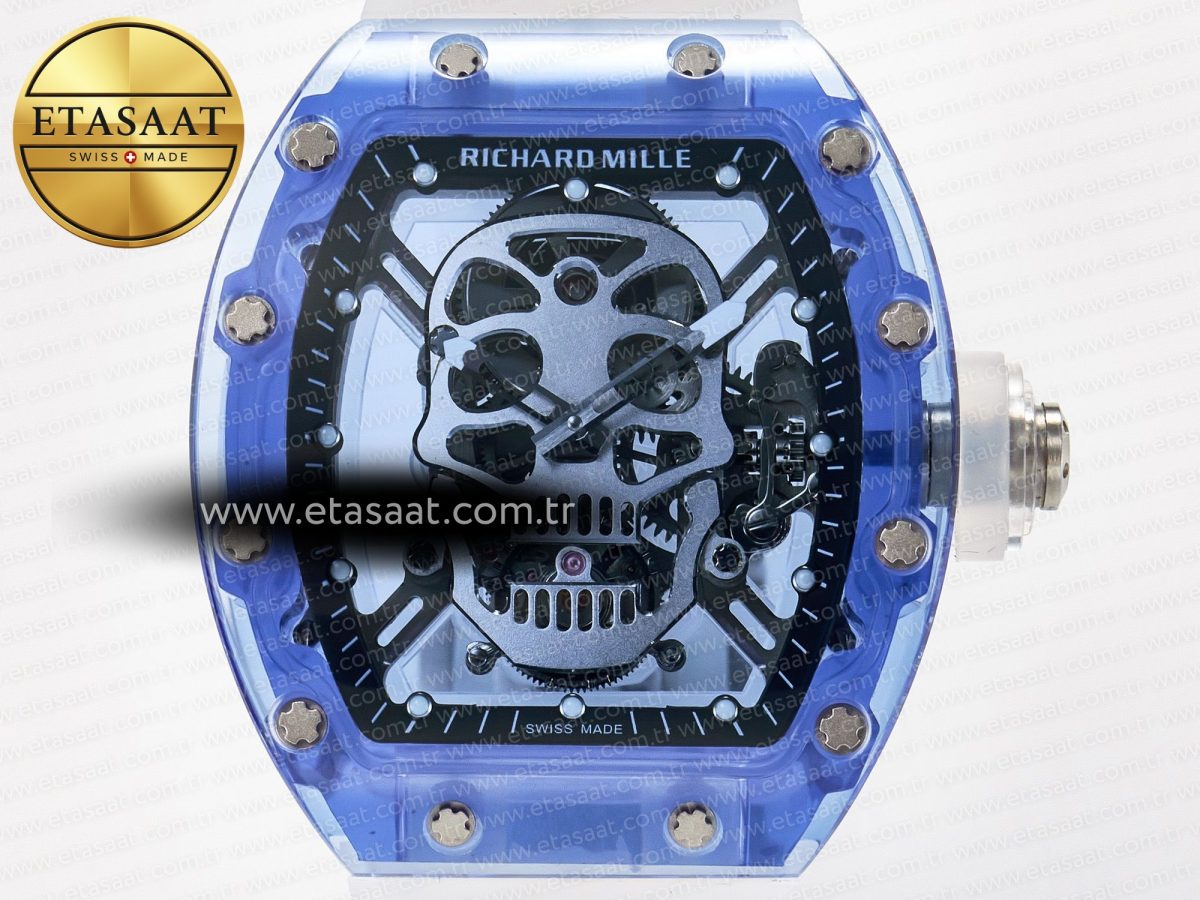RM52-01 Blue Transparent Tourbillon MSF Best Edition Skull Dial on White Rubber Strap - Görsel 4