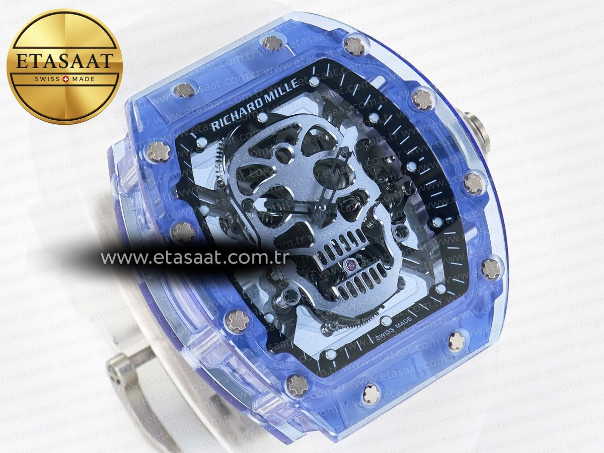 RM52-01 Blue Transparent Tourbillon MSF Best Edition Skull Dial on White Rubber Strap - Görsel 5