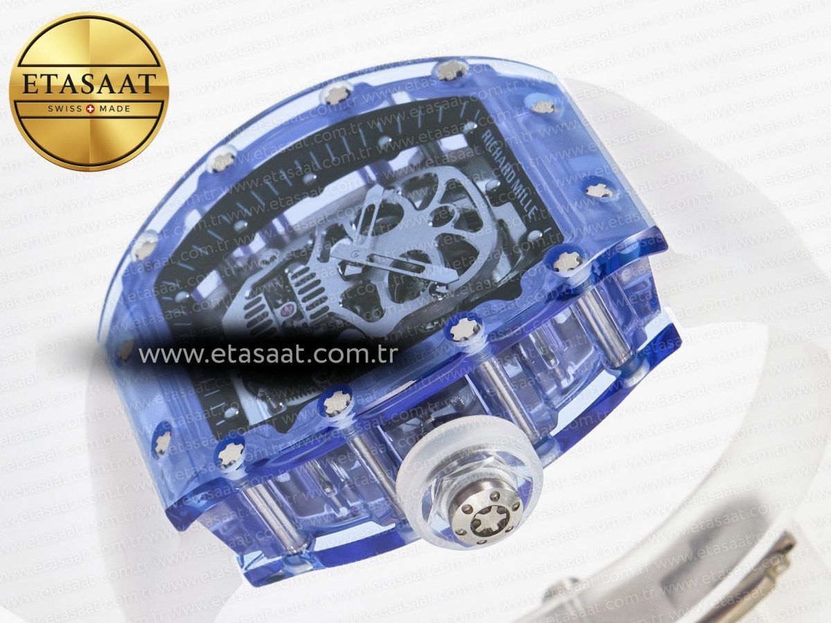 RM52-01 Blue Transparent Tourbillon MSF Best Edition Skull Dial on White Rubber Strap - Görsel 6