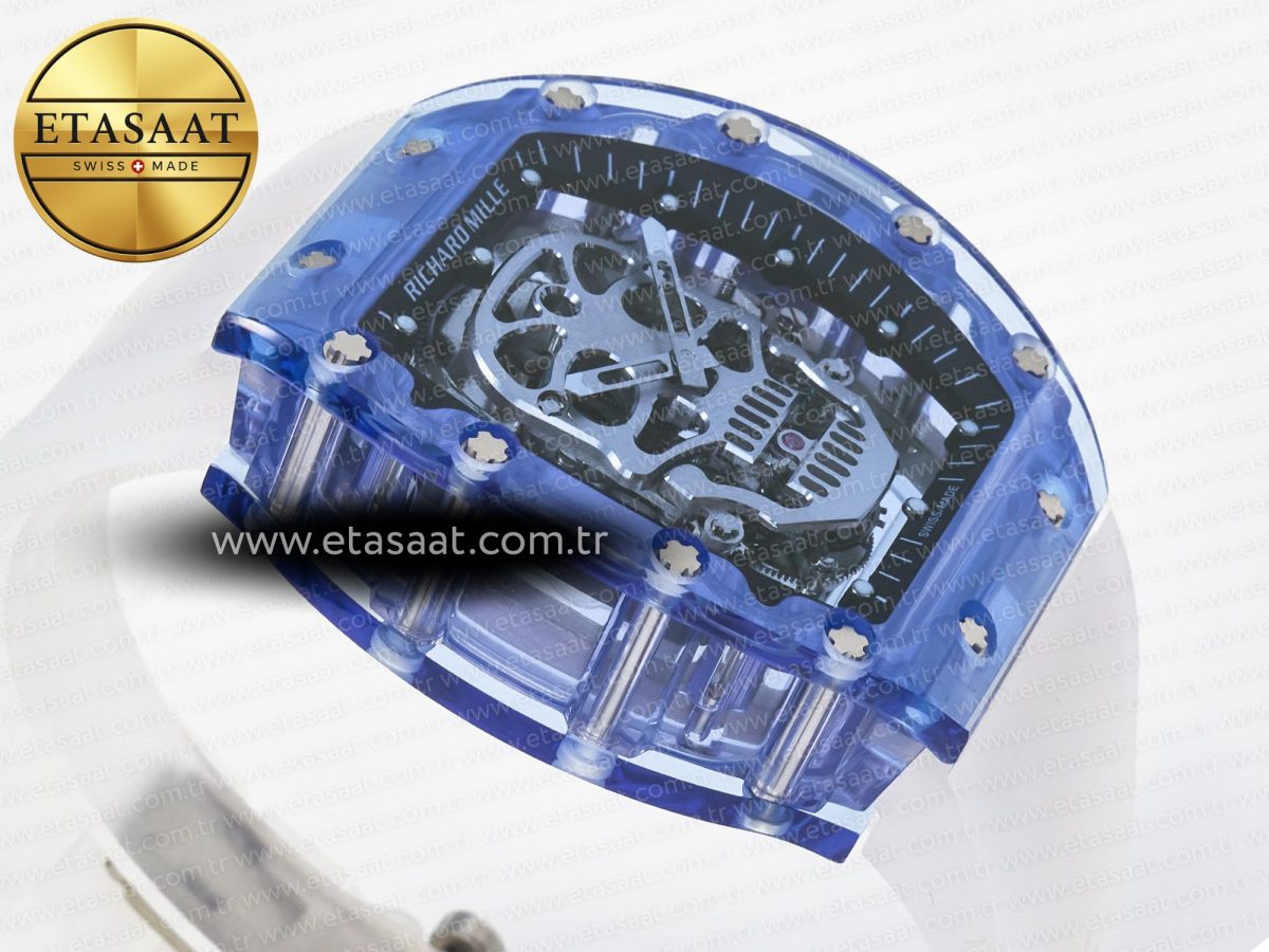 RM52-01 Blue Transparent Tourbillon MSF Best Edition Skull Dial on White Rubber Strap - Görsel 7