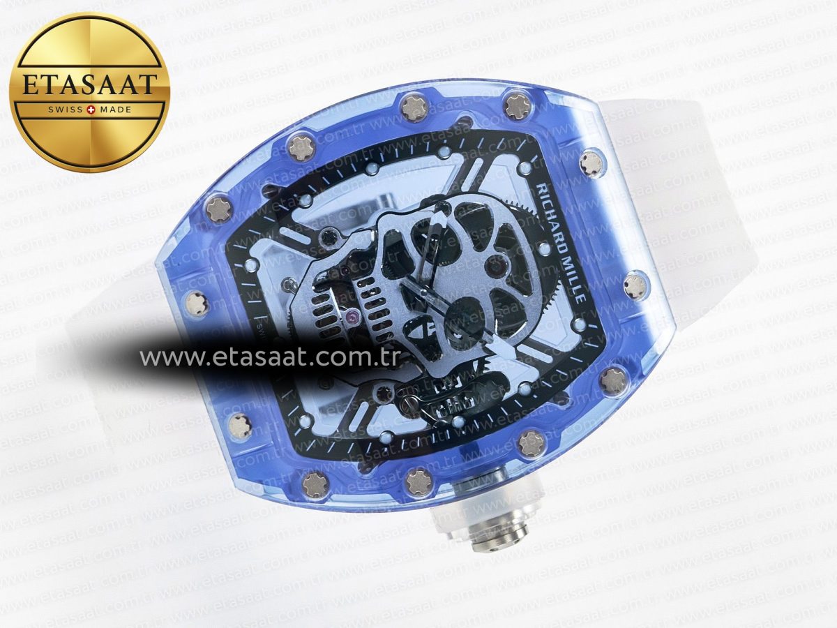 RM52-01 Blue Transparent Tourbillon MSF Best Edition Skull Dial on White Rubber Strap - Görsel 8