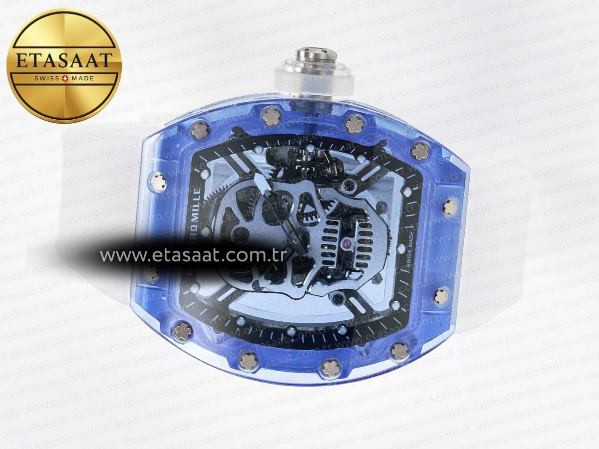 RM52-01 Blue Transparent Tourbillon MSF Best Edition Skull Dial on White Rubber Strap - Görsel 9