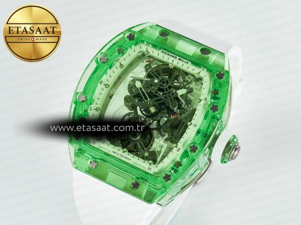 RM56-01 Green Transparent Tourbillon RMF Best Edition Skeleton Dial on White Rubber Strap