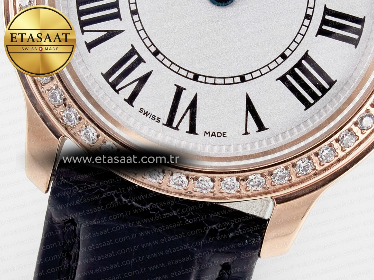 Ronde Louis Cartier 29mm RG DRF 1:1 Best Edition Sandblasted Beige Dial Diamonds Bezel on Black Leather Strap Ronda Quartz - Görsel 11