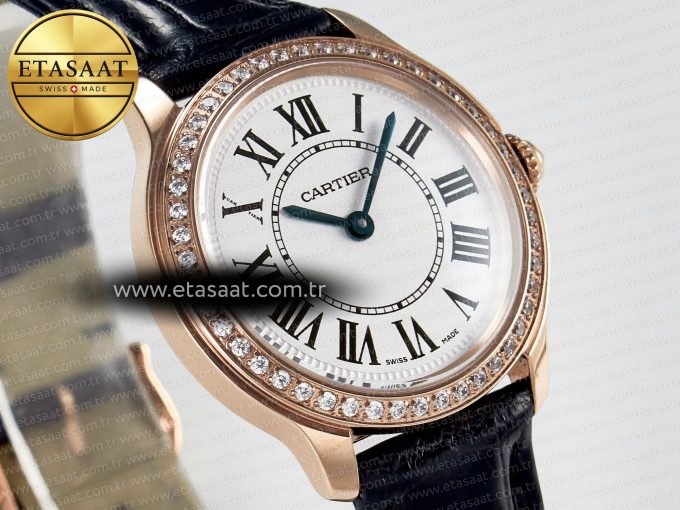 Ronde Louis Cartier 29mm RG DRF 1:1 Best Edition Sandblasted Beige Dial Diamonds Bezel on Black Leather Strap Ronda Quartz - Görsel 5