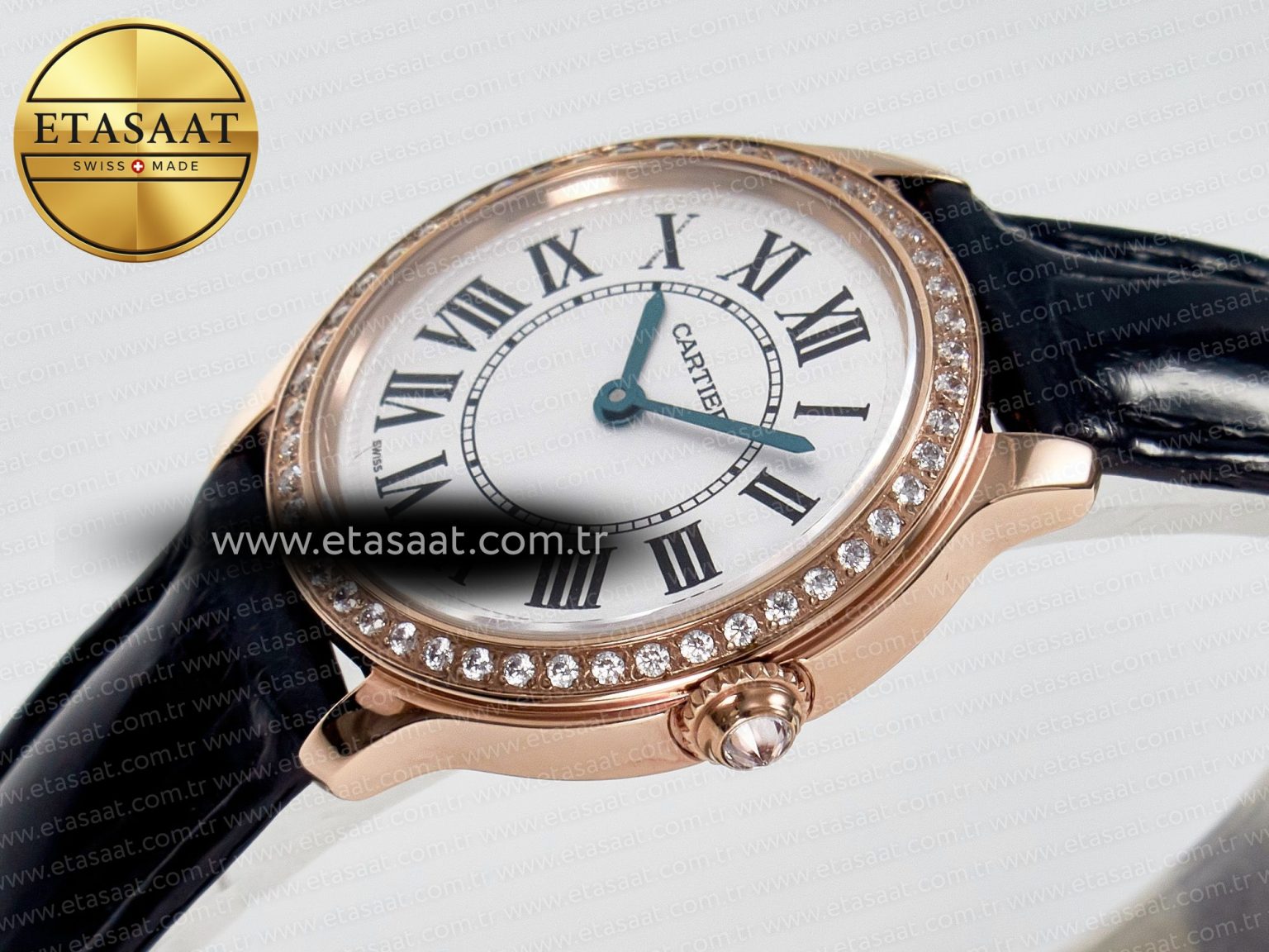 Ronde Louis Cartier 29mm RG DRF 1:1 Best Edition Sandblasted Beige Dial Diamonds Bezel on Black Leather Strap Ronda Quartz - Görsel 6