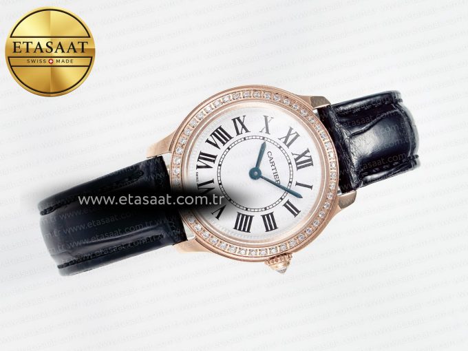 Ronde Louis Cartier 29mm RG DRF 1:1 Best Edition Sandblasted Beige Dial Diamonds Bezel on Black Leather Strap Ronda Quartz - Görsel 8