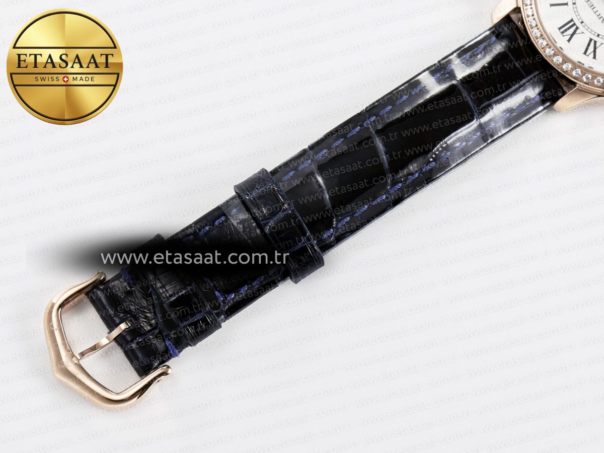 Ronde Louis Cartier 29mm RG DRF 1:1 Best Edition Sandblasted Beige Dial Diamonds Bezel on Blue Leather Strap Ronda Quartz - Görsel 19