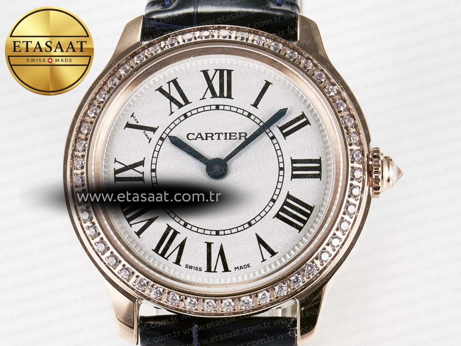 Ronde Louis Cartier 29mm RG DRF 1:1 Best Edition Sandblasted Beige Dial Diamonds Bezel on Blue Leather Strap Ronda Quartz - Görsel 4