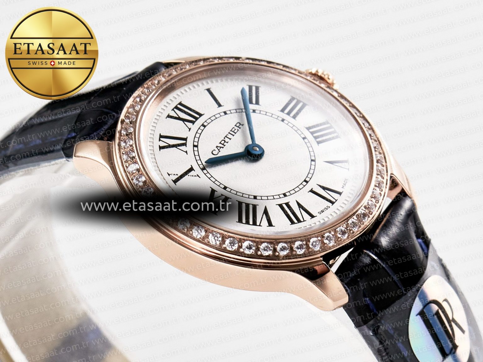Ronde Louis Cartier 29mm RG DRF 1:1 Best Edition Sandblasted Beige Dial Diamonds Bezel on Blue Leather Strap Ronda Quartz - Görsel 7