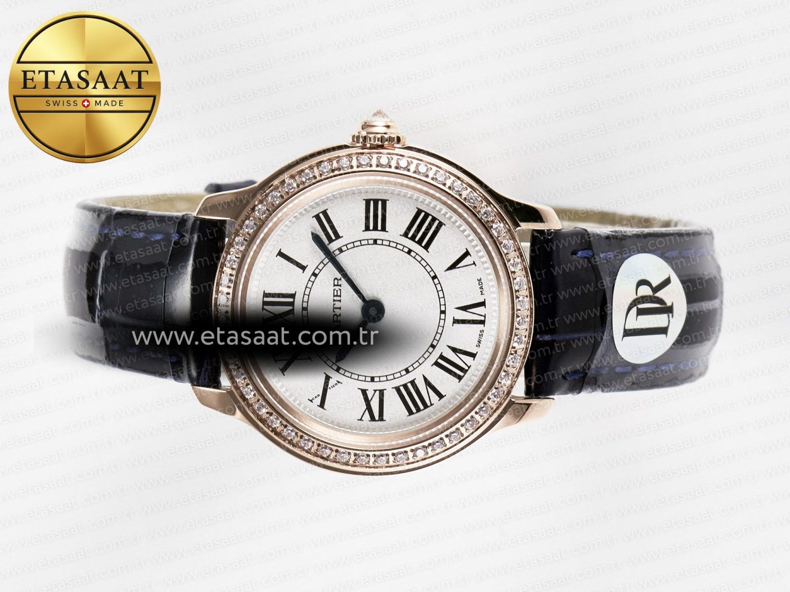 Ronde Louis Cartier 29mm RG DRF 1:1 Best Edition Sandblasted Beige Dial Diamonds Bezel on Blue Leather Strap Ronda Quartz - Görsel 9