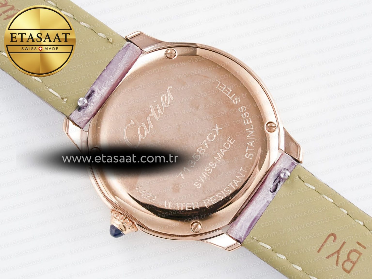 Ronde Louis Cartier 29mm RG DRF 1:1 Best Edition Sandblasted Beige Dial on Purple Leather Strap Ronda Quartz - Görsel 15