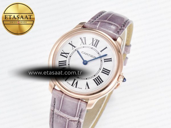 Ronde Louis Cartier 36mm RG DRF 1:1 Best Edition Sandblasted Beige Dial on Purple Leather Strap Ronda Quartz