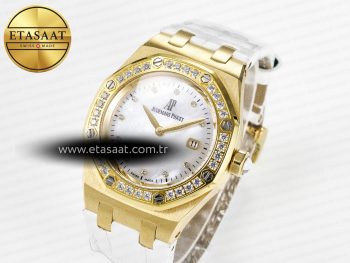 Royal Oak Ladies 33mm YG DRF Best Edition MOP Dial Diamonds Bezel on White Rubber Strap ETA Quartz