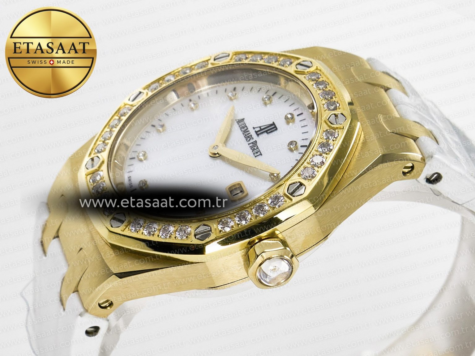 Royal Oak Ladies 33mm YG DRF Best Edition MOP Dial Diamonds Bezel on White Rubber Strap ETA Quartz - Görsel 6