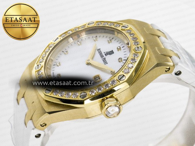 Royal Oak Ladies 33mm YG DRF Best Edition MOP Dial Diamonds Bezel on White Rubber Strap ETA Quartz - Görsel 6