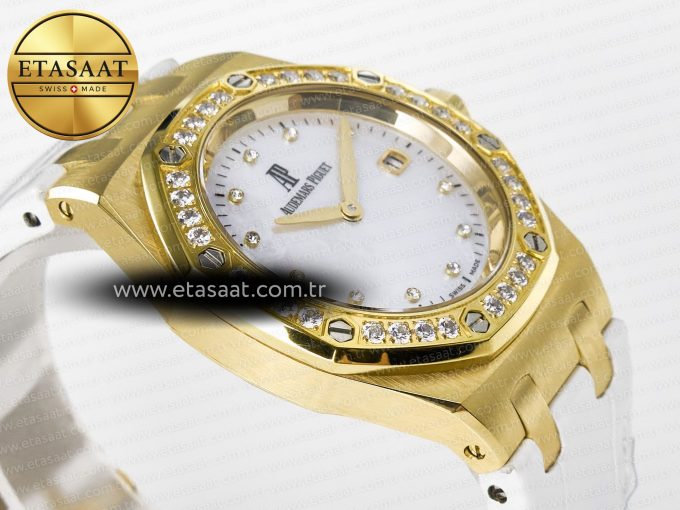 Royal Oak Ladies 33mm YG DRF Best Edition MOP Dial Diamonds Bezel on White Rubber Strap ETA Quartz - Görsel 7