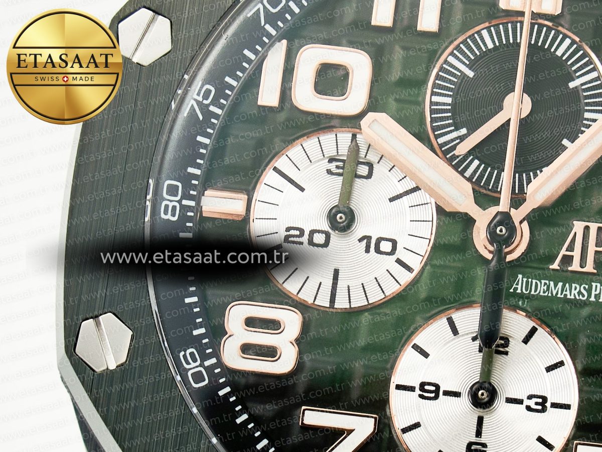 Royal Oak Offshore 44mm Black Ceramic TKF 1:1 Best Edition Green Dial on Green Rubber Strap A3126 - Görsel 10