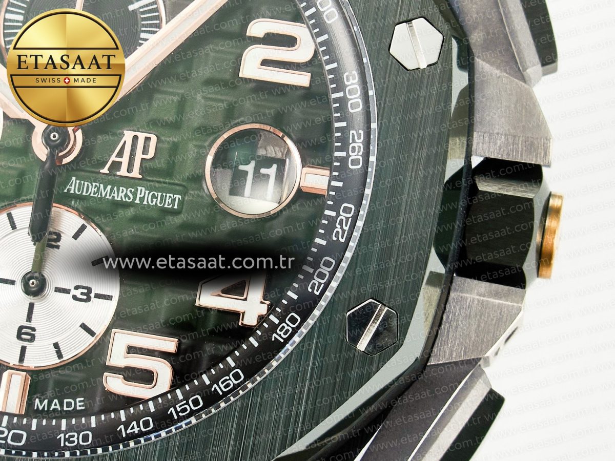 Royal Oak Offshore 44mm Black Ceramic TKF 1:1 Best Edition Green Dial on Green Rubber Strap A3126 - Görsel 12