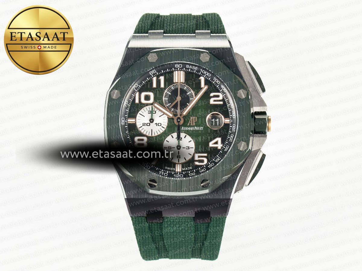 Royal Oak Offshore 44mm Black Ceramic TKF 1:1 Best Edition Green Dial on Green Rubber Strap A3126 - Görsel 3