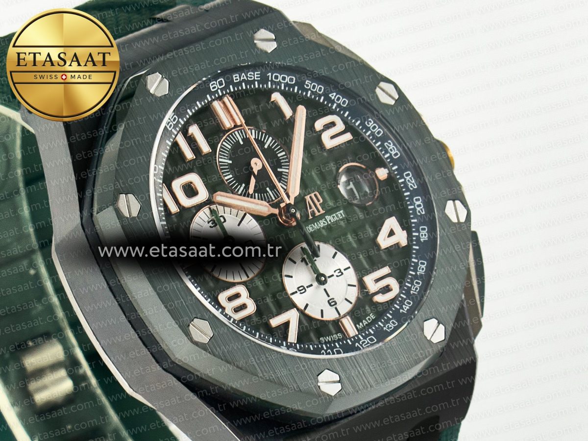 Royal Oak Offshore 44mm Black Ceramic TKF 1:1 Best Edition Green Dial on Green Rubber Strap A3126 - Görsel 5