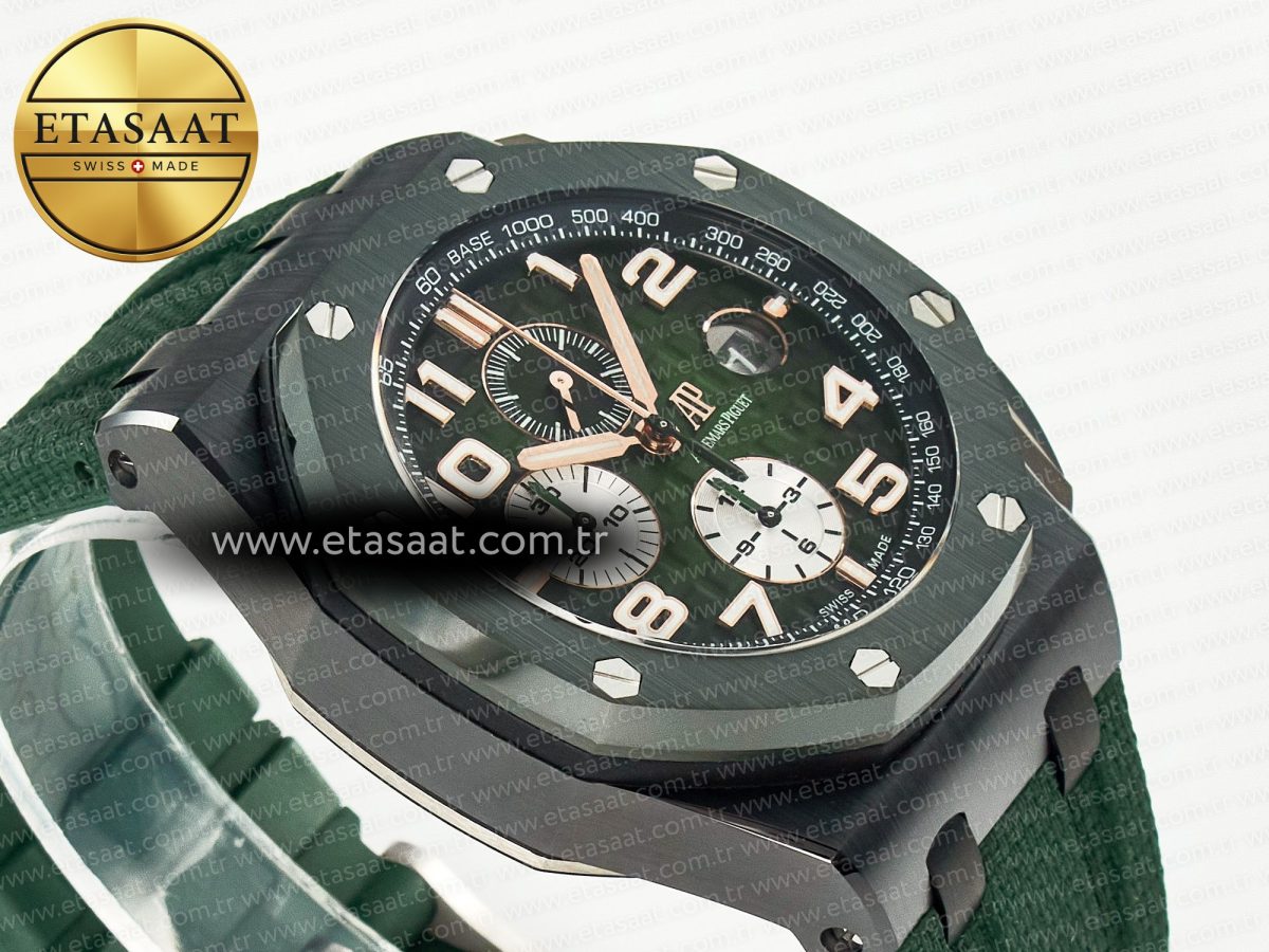 Royal Oak Offshore 44mm Black Ceramic TKF 1:1 Best Edition Green Dial on Green Rubber Strap A3126 - Görsel 7