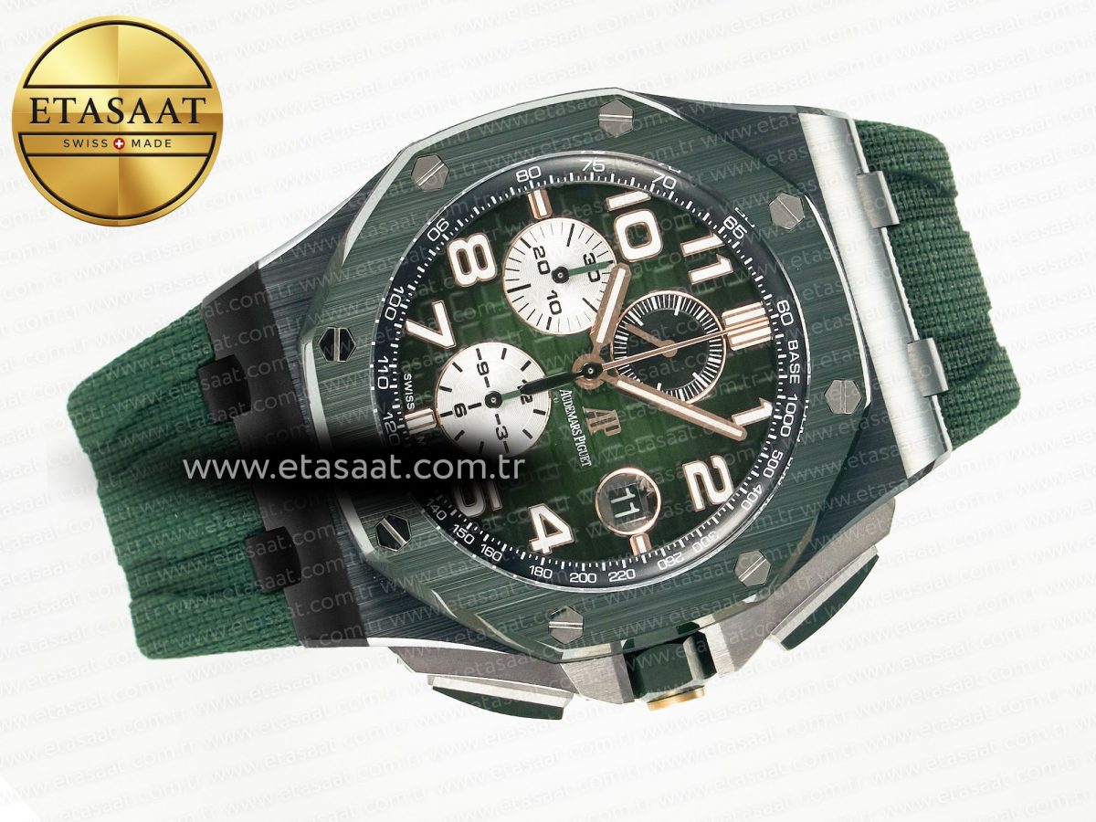 Royal Oak Offshore 44mm Black Ceramic TKF 1:1 Best Edition Green Dial on Green Rubber Strap A3126 - Görsel 8