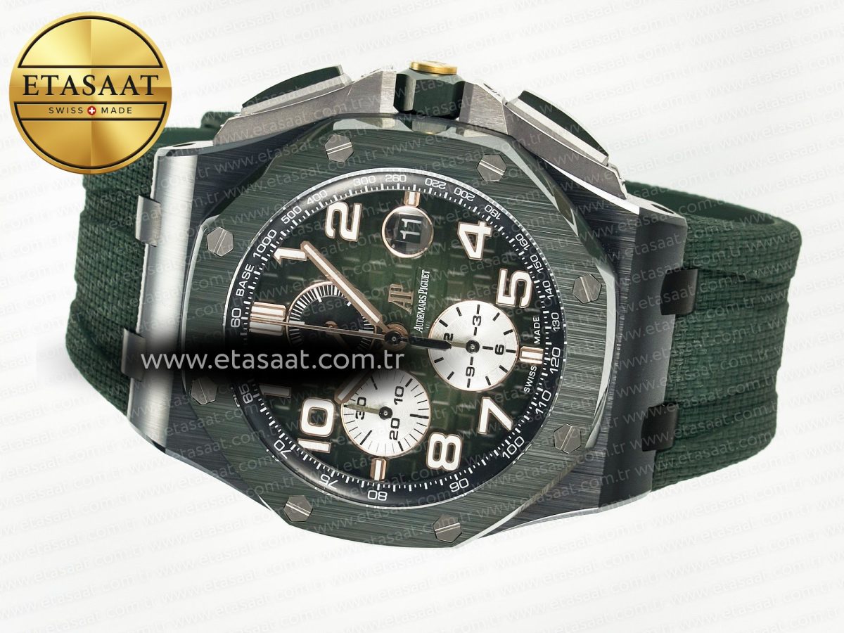 Royal Oak Offshore 44mm Black Ceramic TKF 1:1 Best Edition Green Dial on Green Rubber Strap A3126 - Görsel 9