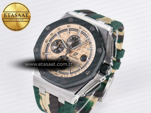 Royal Oak Offshore 44mm SS TKF 1:1 Best Edition Cream Dial on Green Camou Rubber Strap A3126