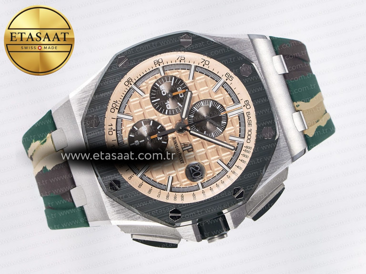 Royal Oak Offshore 44mm SS TKF 1:1 Best Edition Cream Dial on Green Camou Rubber Strap A3126 - Görsel 8