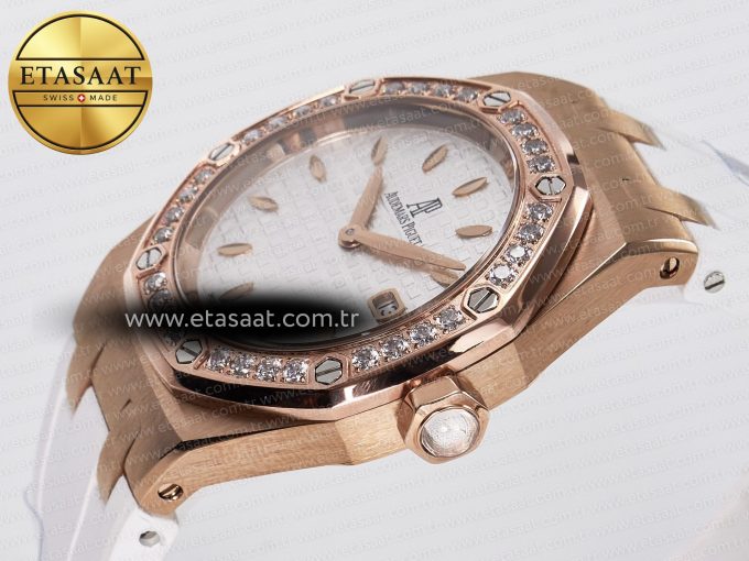 Royal Oak Offshore Ladies 33mm RG DRF Best Edition White Dial Diamonds Bezel on White Rubber Strap ETA Quartz - Görsel 6