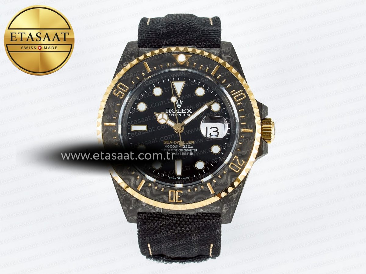 Sea Dweller 43mm Carbon DIWF Best Edition Black Dial YG Bezel on Black Nylon Strap A2824 - Görsel 3