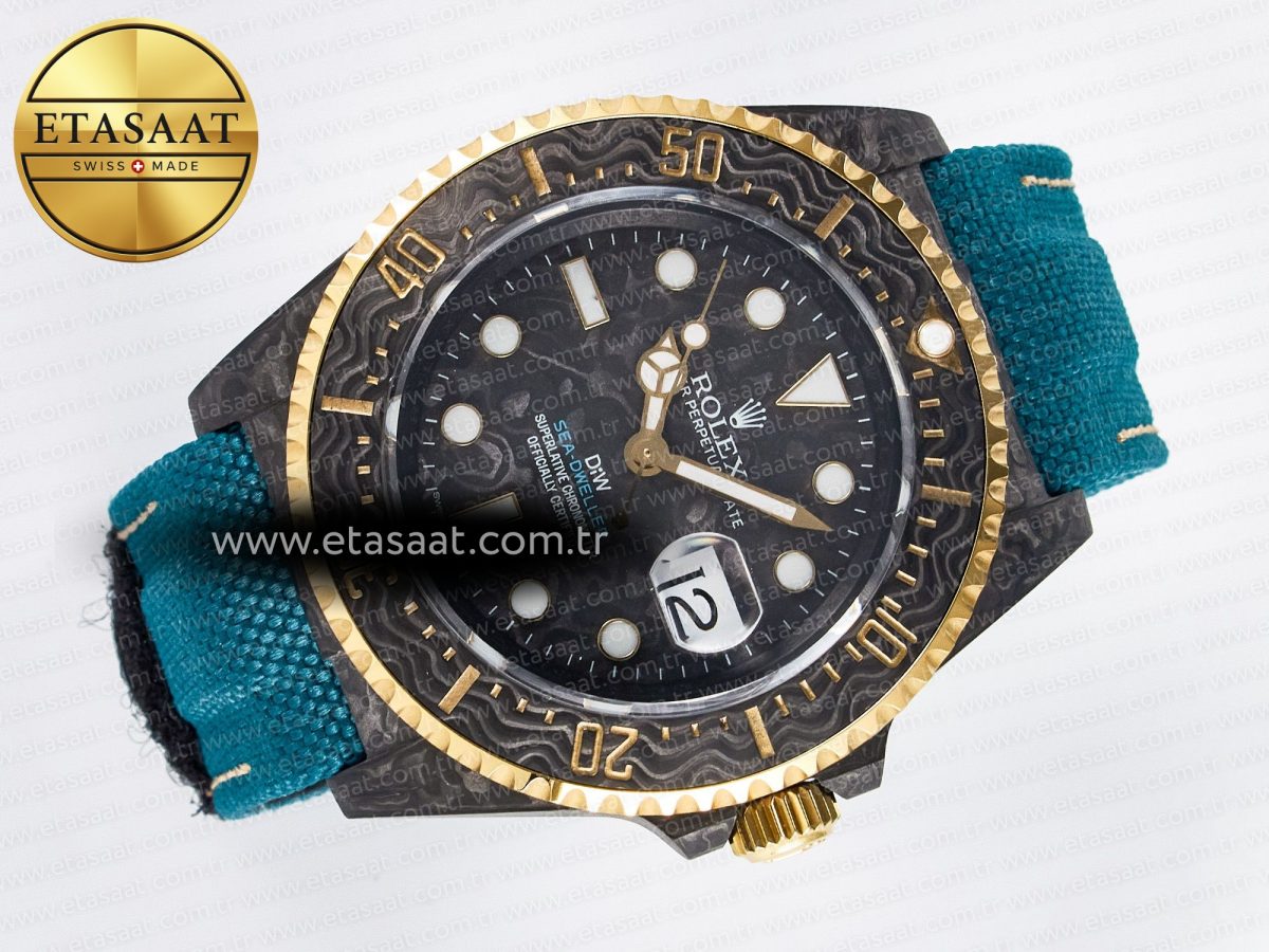 Sea Dweller 43mm Carbon DIWF Best Edition Black Dial YG Bezel on Blue Nylon Strap A2824 - Görsel 8