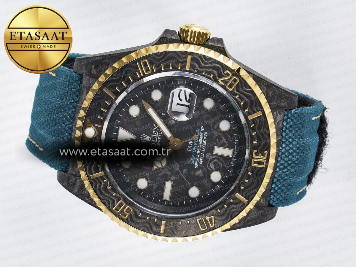 Sea Dweller 43mm Carbon DIWF Best Edition Black Dial YG Bezel on Blue Nylon Strap A2824 - Görsel 9