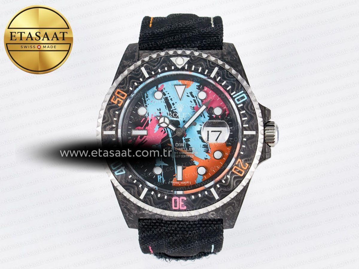 Sea Dweller 43mm Carbon DIWF Best Edition Graffiti Dial on Black Nylon Strap A2824 - Görsel 3