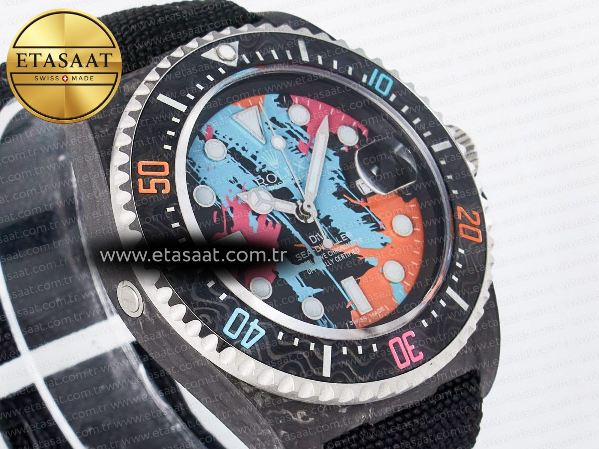 Sea Dweller 43mm Carbon DIWF Best Edition Graffiti Dial on Black Nylon Strap A2824 - Görsel 5