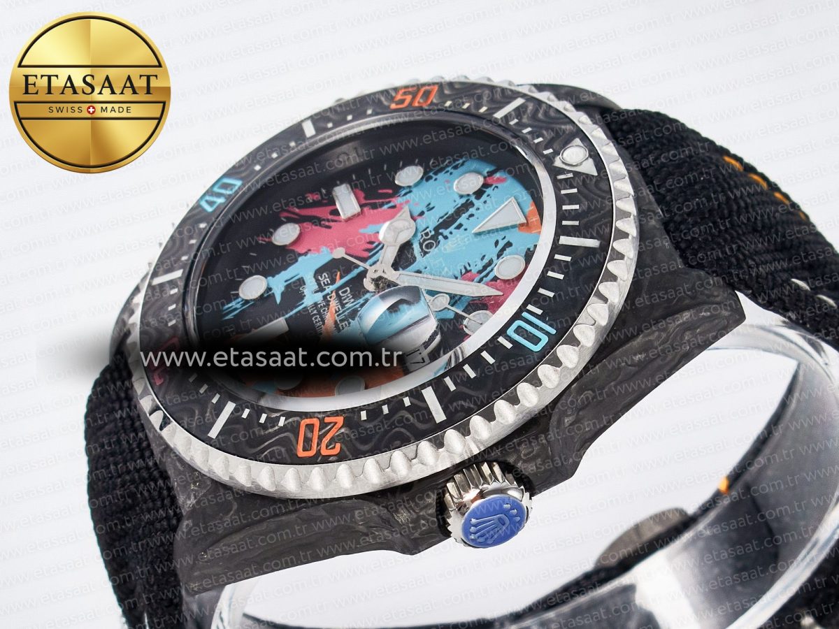 Sea Dweller 43mm Carbon DIWF Best Edition Graffiti Dial on Black Nylon Strap A2824 - Görsel 6