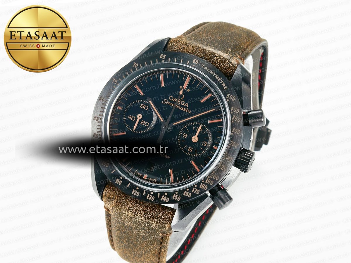 Speedmaster “Dark Side of The Moon” Real Ceramic N1F 1:1 Best Edition Vintage Black on Brown Leather Strap A9300 - Görsel 1